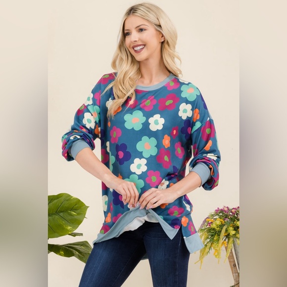 Celeste Tops - Celeste Side Slit Flower Print Long Sleeve Top